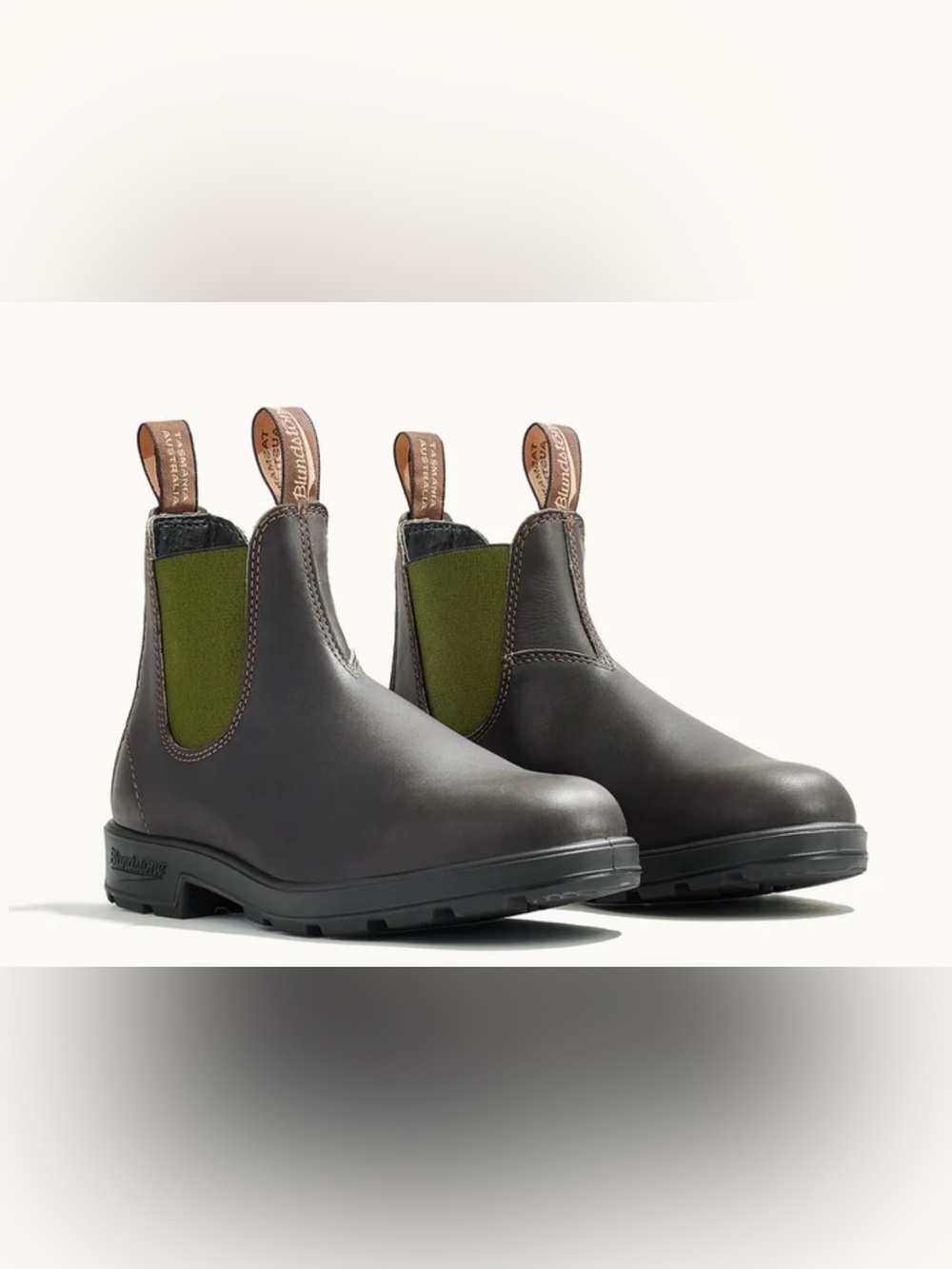Blundstone Chelsea Boots in Dark Brown Leather with Olive Panels Size 9.5